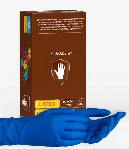DL210 Перчатки Safe&Care смотровые латексные неопудренные повышенной прочности (1413)/500, (M)
